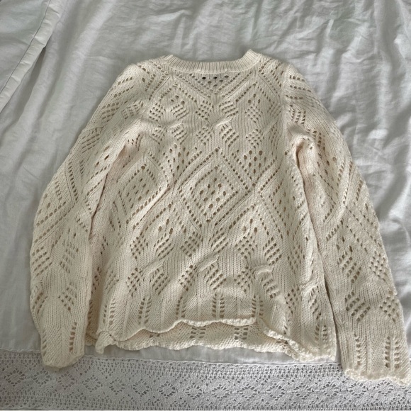 LOFT SMALL cream sweater Pointelle Knit Wool Blend white open knit long sleeve - Picture 6 of 7